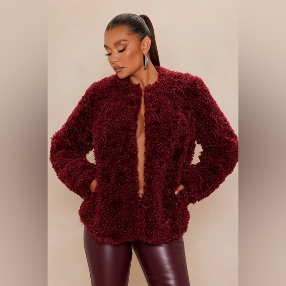 Fashion Nova Arden Sherpa Faux Fur Jacket Burgundy Maroon Size Small